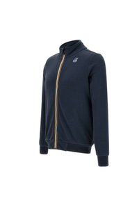 Giacca a zip blu navy realizzata in tessuto morbido, con colletto alto, polsini a coste e un accento colorato a strisce sulla zip. Piccolo logo sul petto.