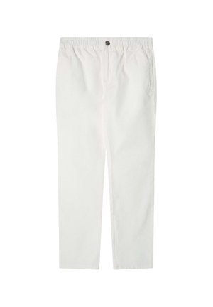 Weiße Baumwollmischungshosen mit einem elastischen Bund, einem einzelnen Knopfverschluss, geraden Beinen und seitlichen Taschen. Glatte Textur und schlichtes Design.