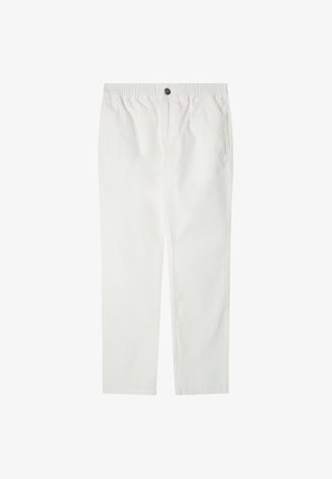 Pantaloni in misto cotone bianchi con vita elastica, chiusura con un bottone, gamba dritta e tasche laterali. Texture liscia e design semplice.