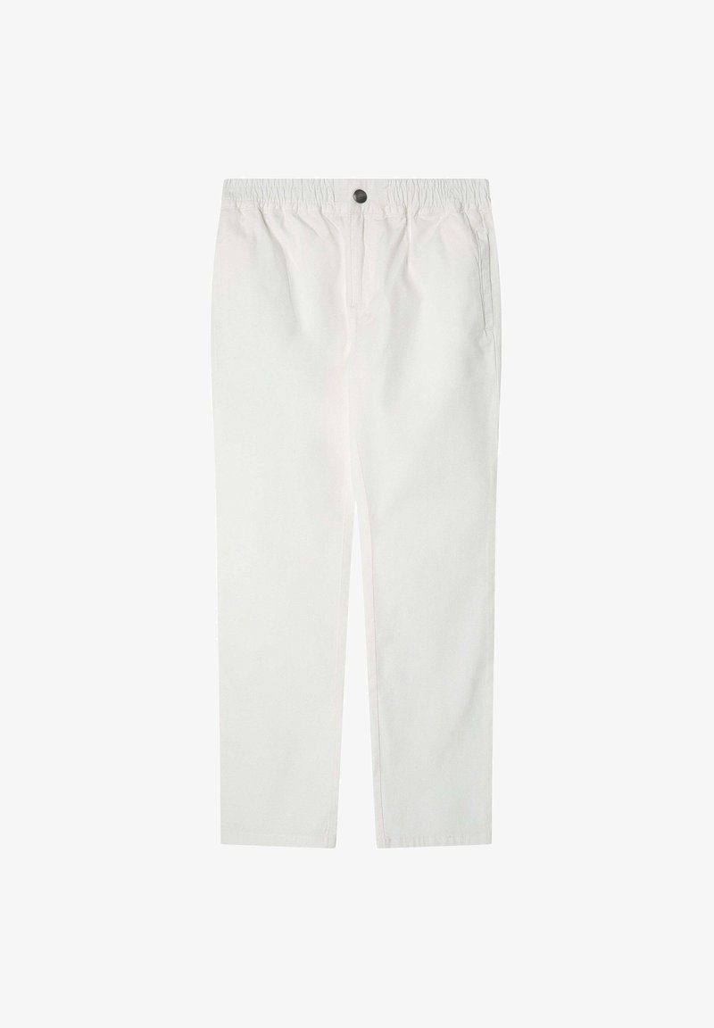 Witte katoenen broek in een katoenmix met een elastische tailleband, een enkele knoopsluiting, rechte pijpen en zijzakken. Soepele textuur en eenvoudig ontwerp.