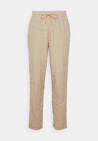 Ljusbeige lätta byxor med elastisk midja och justerbar dragsko, raka ben och sidofickor.