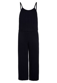 Námořnický žebrovaný overal s tenkými ramínky, širokými nohavicemi a volným střihem. Textura látky je tvořena vertikálními liniemi po celém materiálu.