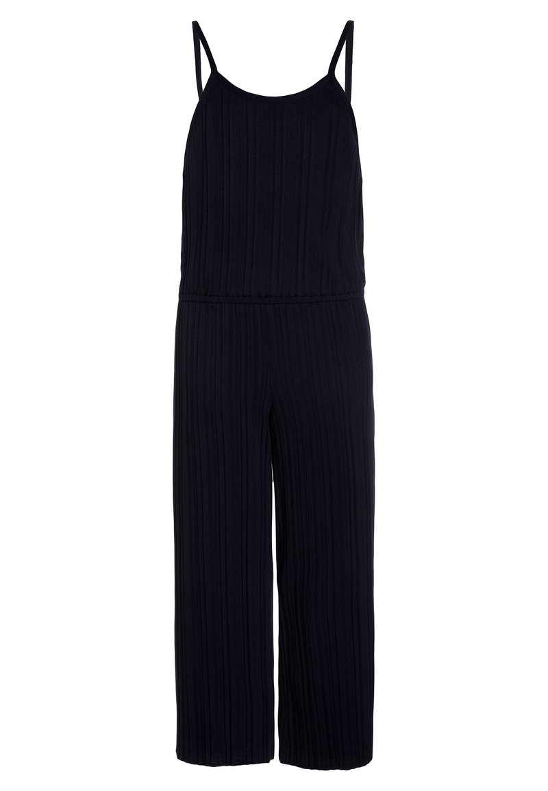 Námořnický žebrovaný overal s tenkými ramínky, širokými nohavicemi a volným střihem. Textura látky je tvořena vertikálními liniemi po celém materiálu.