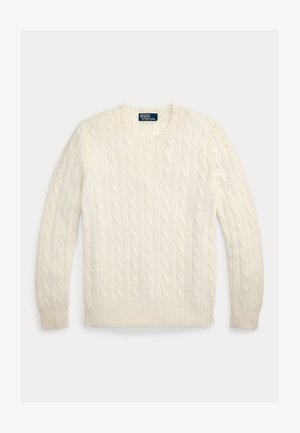 Kremasta džemper od pletenog pletiva s okruglim izrezom, rebrastim manšetama i rubom. Izrađen od mekanog materijala, s teksturiranim uzorkom na cijeloj površini.