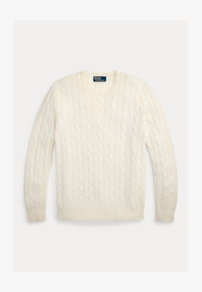 Camisola creme de malha com padrão em trança, pescoço redondo, punhos e bainha canelados. Feita de material macio, apresenta um padrão texturizado em toda a peça.