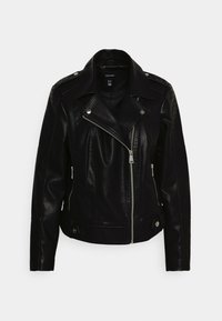 Svart läderbikerjacka med dragkedjestängning, bred krage och silverfärgade detaljer. Har diagonala framfickor och axelklaffar.