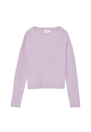 Lys lilla strikket langærmet sweater med rund halsudskæring og en let cropped, løs pasform.