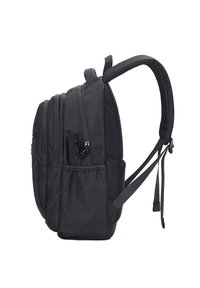Zaino nero con molteplici scomparti con cerniera, spallacci imbottiti, tessuto resistente e design elegante, caratterizzato da una superficie testurizzata.