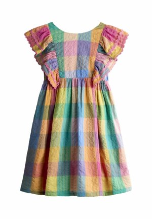 Detské šaty s pastelovým viacfarebným kockovaným vzorom, textúrovanou látkou a volánovými krátkymi rukávmi s ružovým lemovaním.
