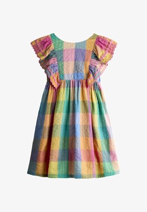 Kinderkleid mit pastellfarbenem, mehrfarbigem Karomuster, strukturierter Stoff und kurzen Rüschenärmeln mit rosa Besatz.