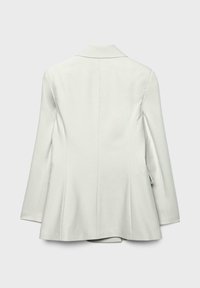 White blazer with a tailored silhouette, featuring a notched collar, long sleeves, and a flared hem. Smooth texture, minimal detailing.