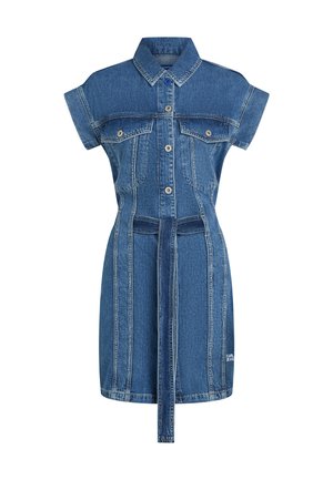 Trumpomis rankovėmis mėlyna džinsinė suknelė su sagomis priekyje, krūtinės kišenėlėmis, apykakle ir prisegtu diržu, kabančiu priekyje.
