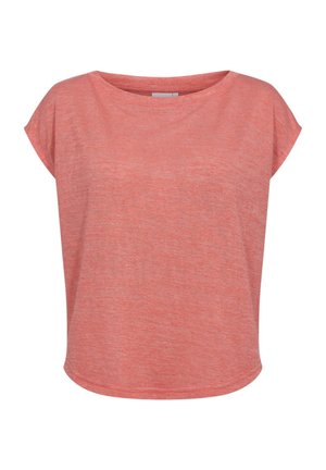 Korallroosa lühikeste varrukatega naiste t-särk ümmarguse kaelusega ja lahtise, veidi lühendatud lõikega.
