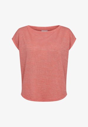 Korallroosa lühikeste varrukatega naiste t-särk ümmarguse kaelusega ja lahtise, veidi lühendatud lõikega.