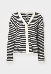 Button-up cardigan featuring navy and cream stripes, knit texture, v-neckline, and ribbed cuffs. Four buttons along the front for closure.