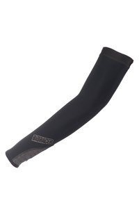 Black arm sleeve made of stretchy fabric, featuring a smooth texture and a logo on the forearm, with a contrasting patterned accent near the wrist.