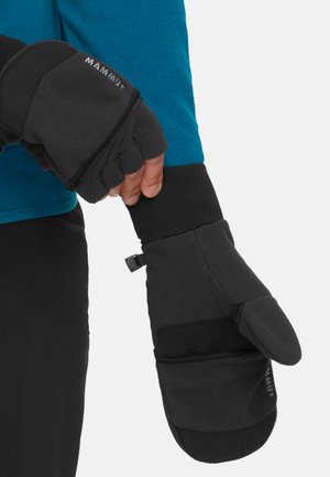 Black fleece mittens with a textured finish, featuring a thumb hole, a secure wrist cuff, and a brand logo printed on the material.