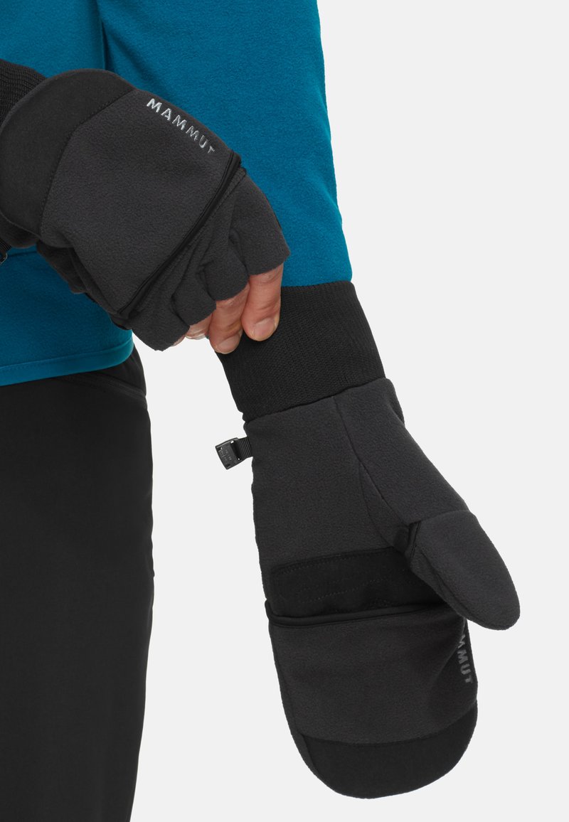 Black fleece mittens with a textured finish, featuring a thumb hole, a secure wrist cuff, and a brand logo printed on the material.