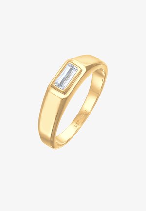 Goldring mit einem rechteckigen, hellblauen Stein, glatte Oberfläche und klare Linien, mit einem subtilen Glanz und minimalistischem Design.