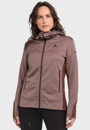 Dark mauve jacket with a fitted hood, zippered pockets, and brown side panels. Made from textured fabric with a smooth finish.