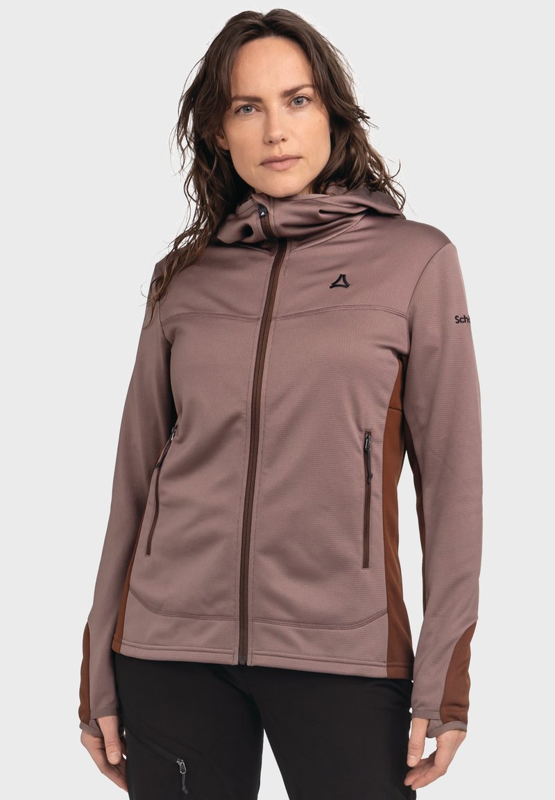 Dunkelmaulbeerfarbenes Jackett mit einer schmalen Kapuze, mit Reißverschlüssen versehenen Taschen und braunen Seitenpanelen. Hergestellt aus strukturiertem Stoff mit einer glatten Oberfläche.