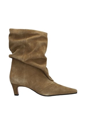 Brown suede mid-calf boot with a pointed toe and low kitten heel, featuring a slouchy design along the shaft.
