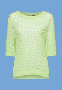 Limegrüner gestrickter Pullover mit lockerer, offener Maschenstruktur, runden Halsausschnitt und Dreiviertelärmeln, ausgestattet mit gerippten Bündchen und Saum.