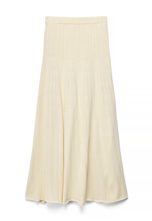 Falda midi de punto acanalado de color crema con una cintura alta y un diseño acampanado con pliegues.