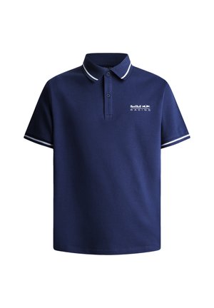 Námornícky polo tričko vyrobené z bavlny, s golierom s bielym lemovaním, krátkymi rukávmi s bielymi akcentmi a logom Red Bull Racing na hrudi.
