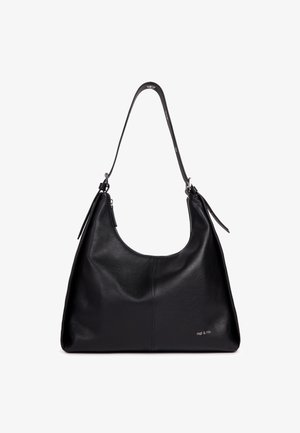 Borsa a tracolla in pelle nera con forma arrotondata e texture liscia. Presenta una tracolla corta e un logo del marchio sobrio sul lato.