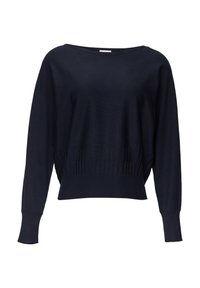 Navy blue knitted sweater with a wide neckline, long sleeves, and ribbed cuffs; features a textured hem detail at the bottom.
