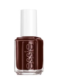 Vernis à ongles Essie dans un flacon en verre carré. Couleur bordeaux foncé avec une finition brillante et un capuchon blanc cylindrique.