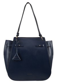 Tummansininen nahkainen kassi, jossa on jämäkkä muotoilu. Kassi sisältää kaksinkertaiset kahvat, etupuolet, ja pienen koristeen. Kullankeltaiset metalliosat korostavat ilmettä.