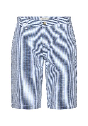 Blue and white striped shorts made of lightweight fabric, featuring a button closure and two front pockets. Straight leg design.