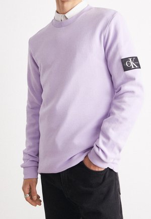 Jasnofioletowa bluza z długim rękawem o prążkowanej fakturze i okrągłym dekoltem. Na lewym rękawie znajduje się czarna naszywka z logo. Nosi się ją na koszulę z kołnierzykiem.