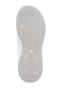 La semelle d'une sneaker présente une semelle extérieure en caoutchouc gris texturé avec des motifs en vagues, un détail en forme de bouton circulaire, et un bord supérieur blanc lisse.