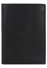Portefeuille en cuir noir avec une texture lisse, des bords cousus et un logo "mano" embossé dans le coin inférieur droit. Forme rectangulaire compacte.