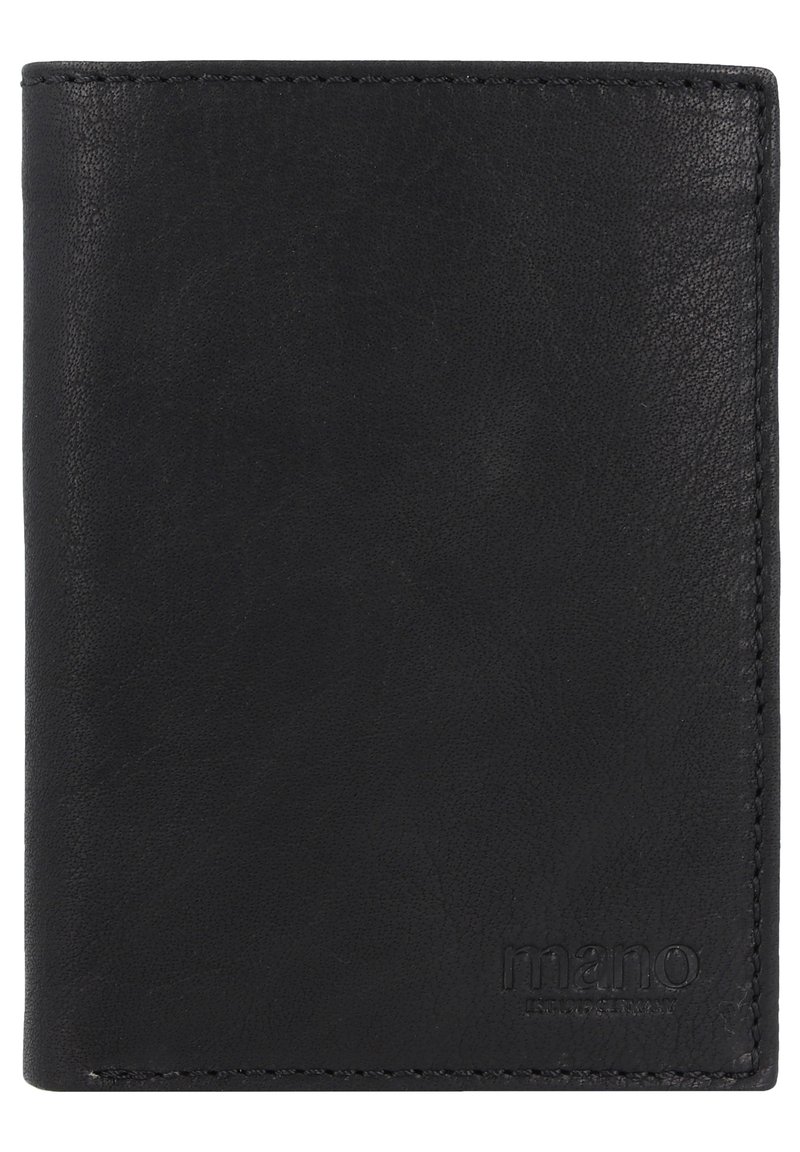 Portefeuille en cuir noir avec une texture lisse, des bords cousus et un logo "mano" embossé dans le coin inférieur droit. Forme rectangulaire compacte.