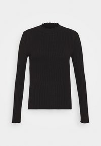 T-shirt preto de manga comprida canelada com gola alta, apresentando um tecido texturizado e acabamento rufado na gola e nos punhos.