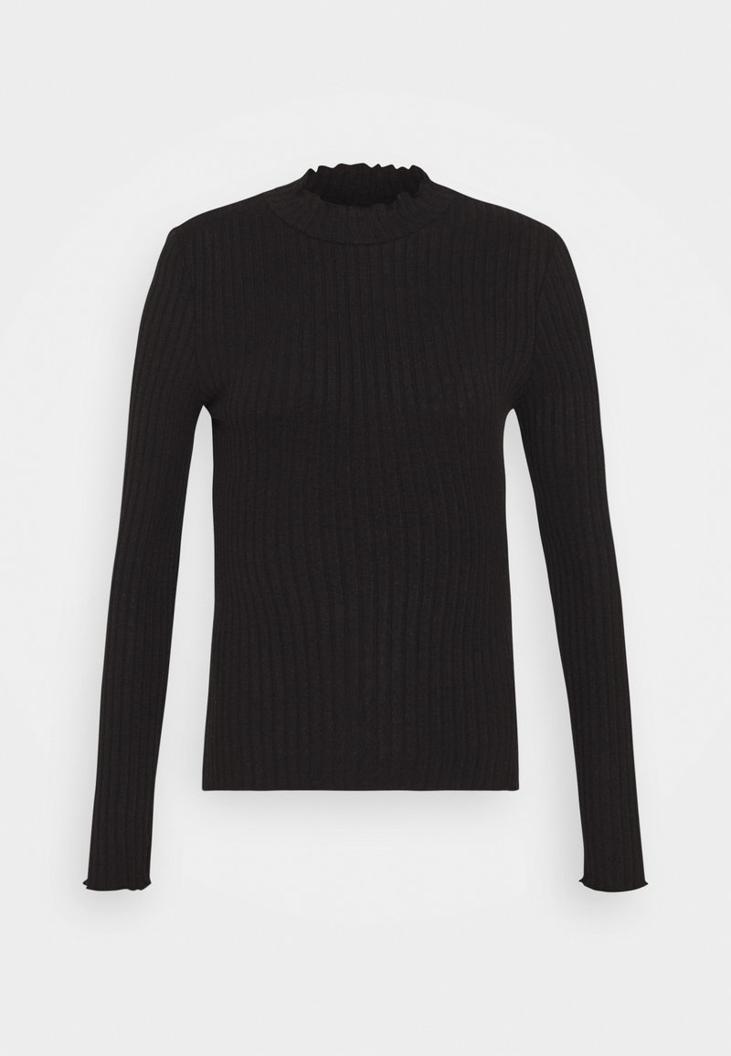 T-shirt preto de manga comprida canelada com gola alta, apresentando um tecido texturizado e acabamento rufado na gola e nos punhos.