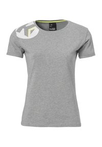 T-shirt grigio a maniche corte con collo rotondo. Notevoli motivi geometrici bianchi e gialli sulla spalla sinistra. Realizzato in un tessuto morbido e strutturato.