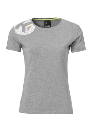 T-shirt grigio a maniche corte con collo rotondo. Notevoli motivi geometrici bianchi e gialli sulla spalla sinistra. Realizzato in un tessuto morbido e strutturato.