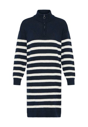 Rochie tricotată în dungi alb-bleumarin, cu guler înalt și fermoar la jumătate. Are mâneci lungi și o croială lejeră. Textură moale.