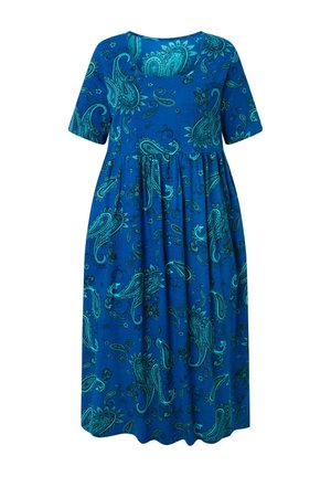 Vestito midi blu con maniche corte e vita arricciata, caratterizzato da un motivo paisley turchese.
