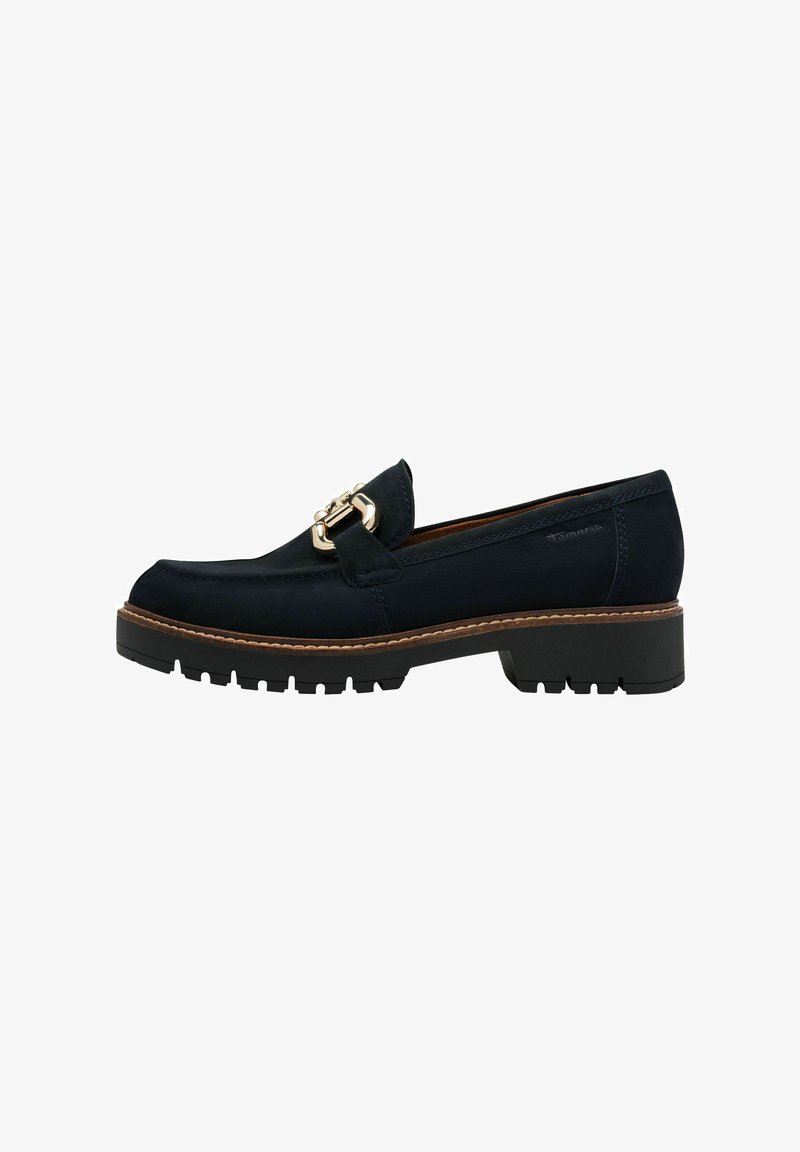 Tumedat sinine nahast loafers kultase luku aktsendiga, ümar nina ja tekstureeritud kummist talla, millel on haardeks sooned.