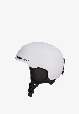 Weißer Roxy-Sporthelm mit schwarzem verstellbarem Kinnriemen und Belüftungsöffnungen, seitlich auf einem weißen Hintergrund dargestellt.