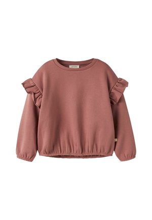 Sweat-shirt enfant mauve à manches longues avec des détails à volants sur le haut des manches et des poignets et ourlet élastiques.