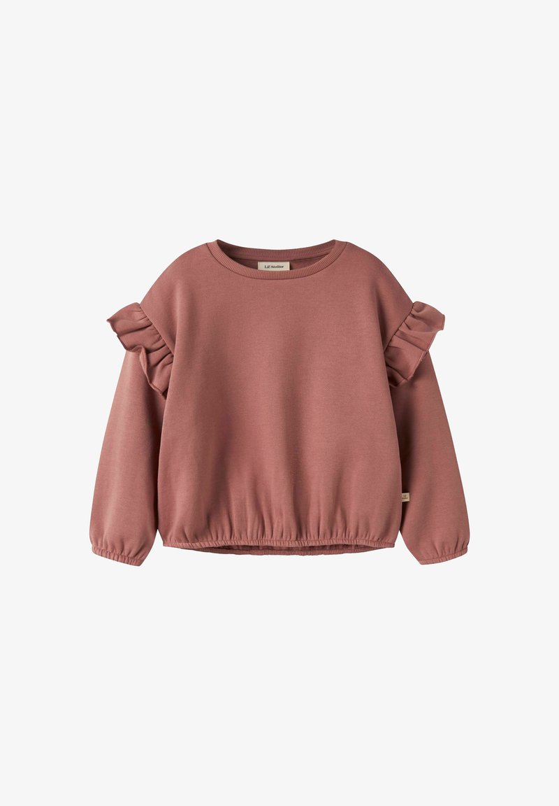 Sweat-shirt enfant mauve à manches longues avec des détails à volants sur le haut des manches et des poignets et ourlet élastiques.