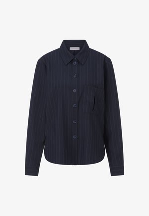 Navy blue button-up shirt with vertical white pinstripes, featuring a collar, long sleeves, and a single breast pocket.