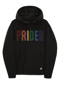 Schwarzer Kapuzenpullover mit regenbogenfarbenem "PRIDE"-Text und Vans-Logo auf der Brust, mit Vordertasche und kleinem Regenbogen-Flaggen-Patch.